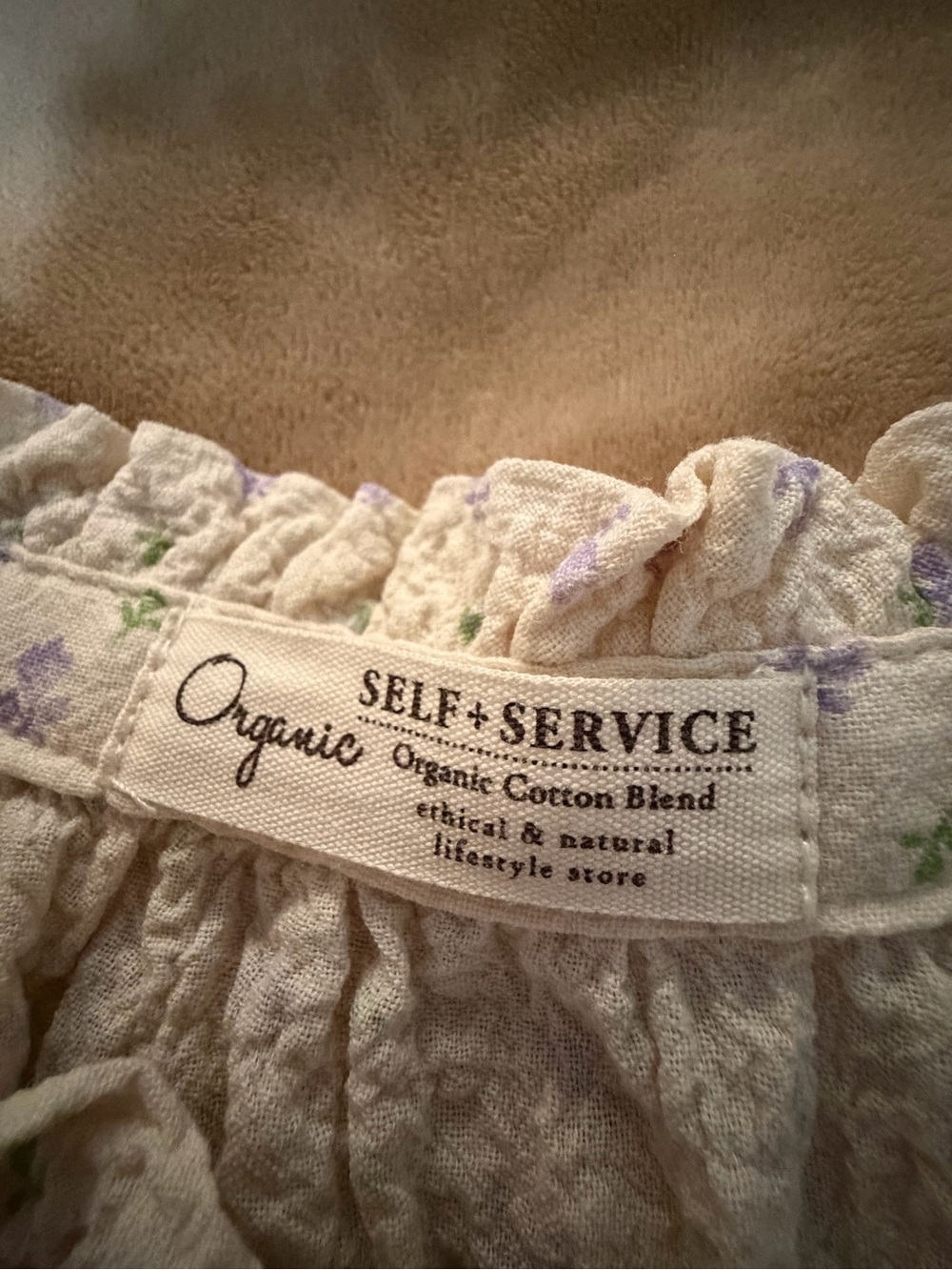 Self + Service Organic Cotton Cream Lavender Floral Blouse CottageCore Large - Picture 3 of 4